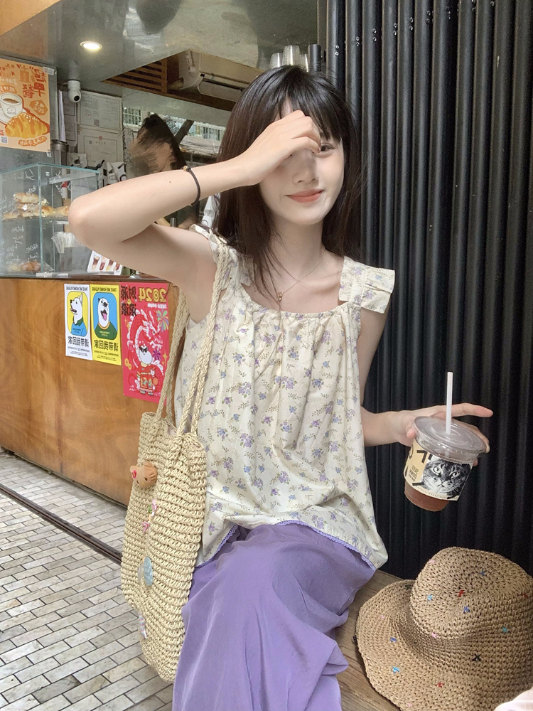 Real-life French floral vest small flying sleeves secondary breast top drawstring wide-leg elastic waist casual pants