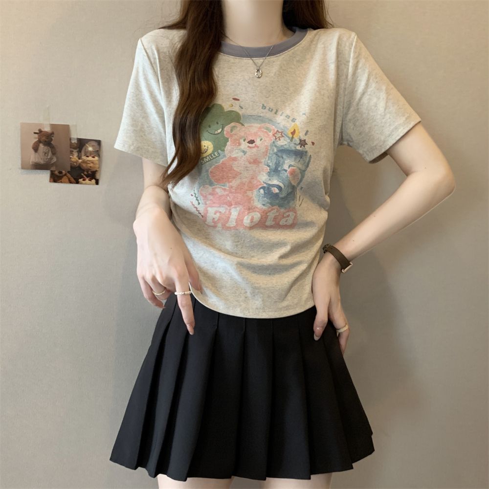 實拍  40支純棉210克92棉/8氨綸短袖T恤女印花撞色