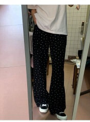 Korean retro floral polka dot jeans for women in spring and summer high street black pants high waist straight loose wide-leg trousers