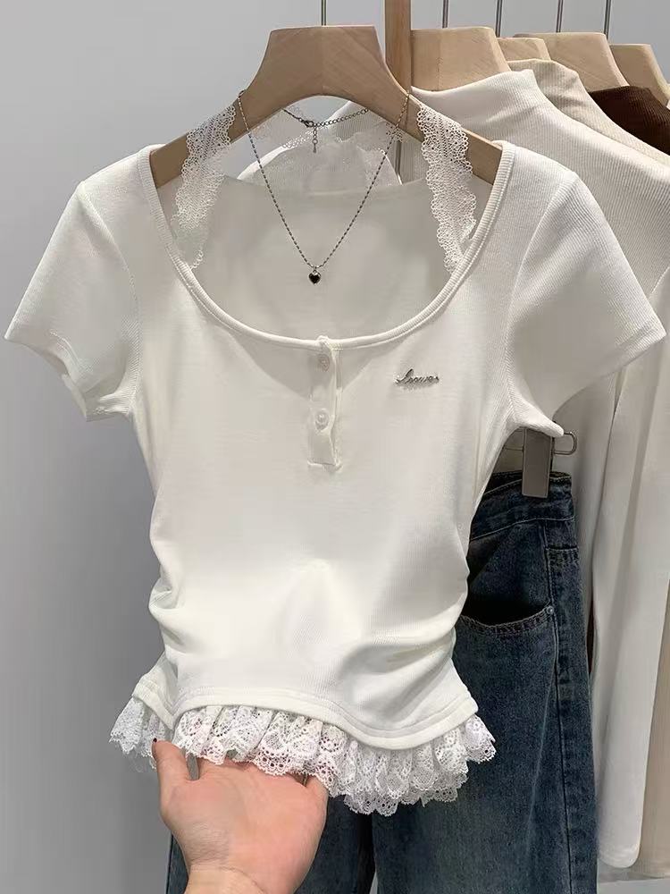Pure sweet and spicy fake two-piece spliced ​​halter neck short-sleeved T-shirt 2025 new lace pleated waist-retracted body slim