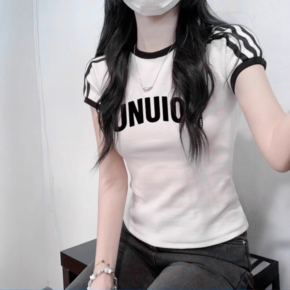 純棉 韓國chic夏季新款韓版修身顯瘦條杆字母印花短袖t恤女上衣潮