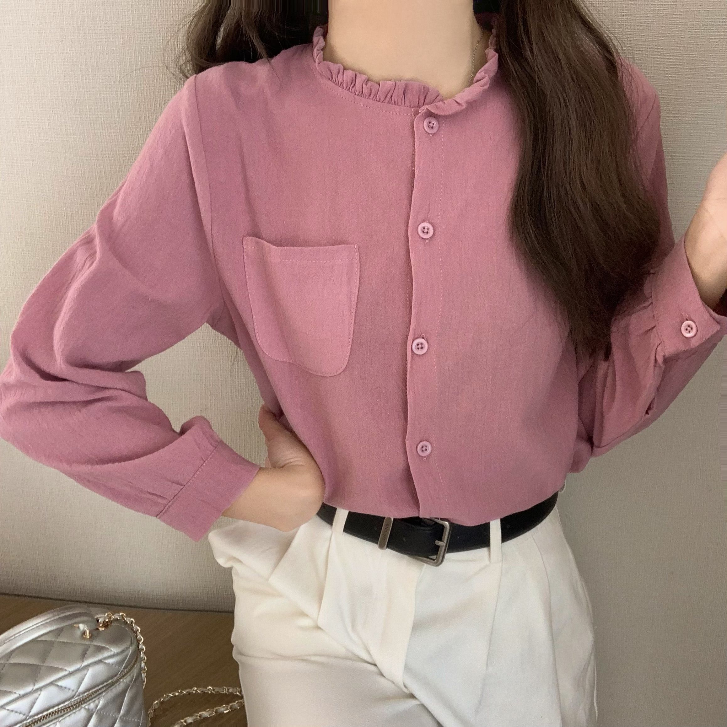 Real photos of pure cotton, three-brand autumn retro long-sleeved shirt for women, fashionable loose casual top