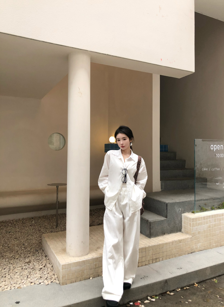 Real photo of white loose versatile shirt casual high waist straight-leg pants two-piece set