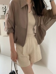 South Korea Dongdaemun Women's Spring and Summer New Stand Collar Short Shock Clothes Sunscreen Thin Sports Working Jacket Top