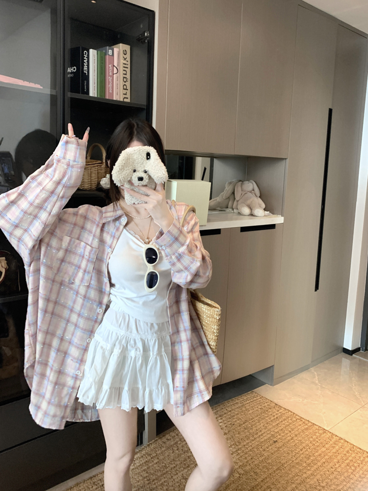 Real photo of casual pink plaid shirt jacket high waist versatile white cake skirt lace suspenders set