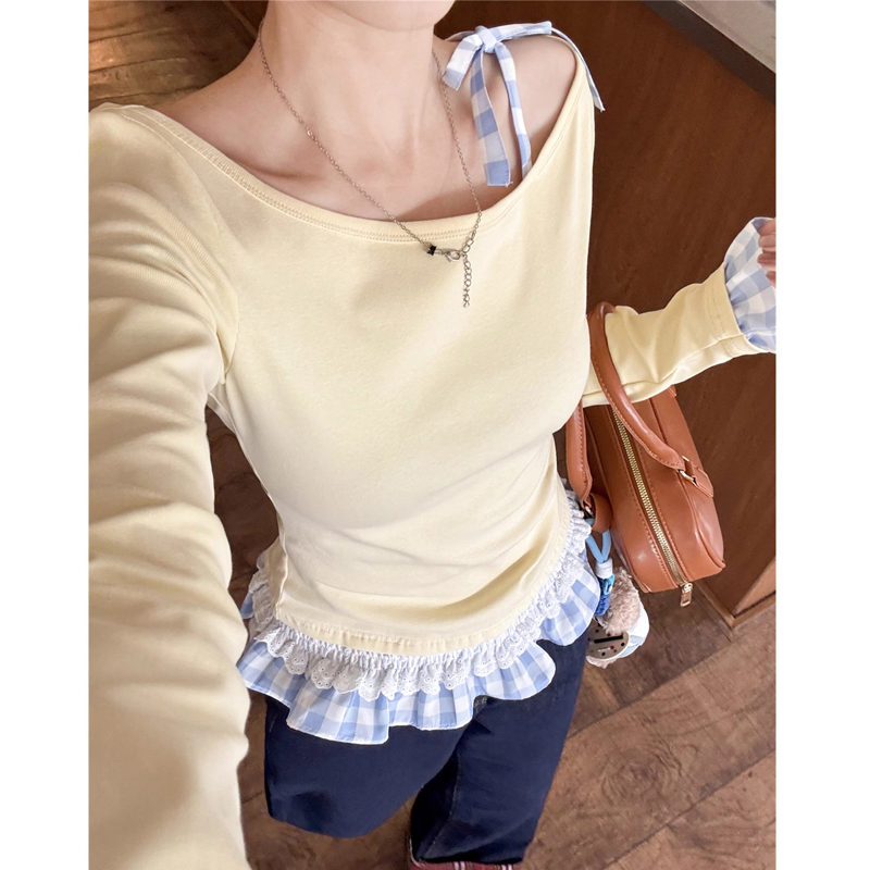 韓國chic春季新款黃色假兩件打底衫女小個子修身花邊內搭長袖上衣
