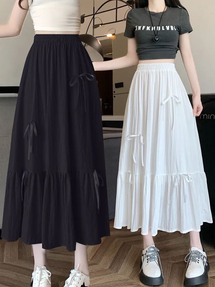 White skirt for women with bow tie and stickers for women in summer mid-length A-line skirt new small person with big umbrella skirt