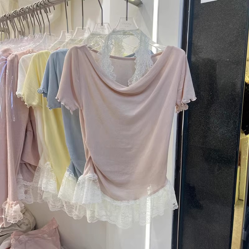 Thirteen women's clothing 2025 summer French gentle style design sense halter neck fake two-piece lace splicing sweater for women