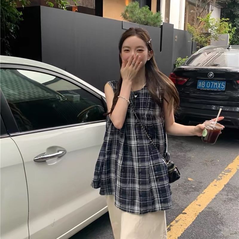 日系復古設計感格子圓領襯衫女夏季新款寬鬆無袖休閒娃娃衫上衣