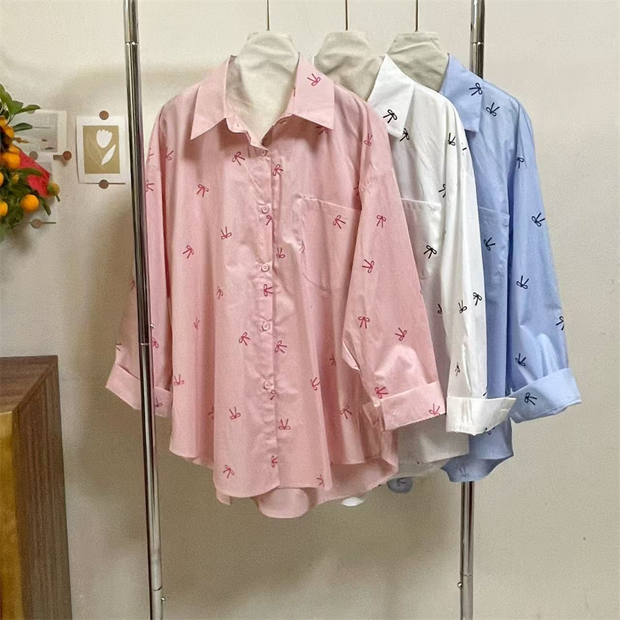 Real photo of bow printed long-sleeved shirt for women in spring new sweet sun protection loose mid-length cardigan top