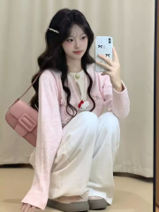 Soft Pink Gentle Wind Soft and Chewy Short-Sleeve Knit Cardigan for Women Autumn Sweet Teenage Girl Chanel Style Sweater Coat