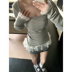 韓國chic純欲風蕾絲拼接長袖T恤女裝春季減齡收腰正肩打底衫上衣