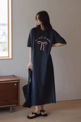 仿棉牛奶絲# 夏季短袖中長款開叉T恤連衣裙女韓系慵懶風裙子