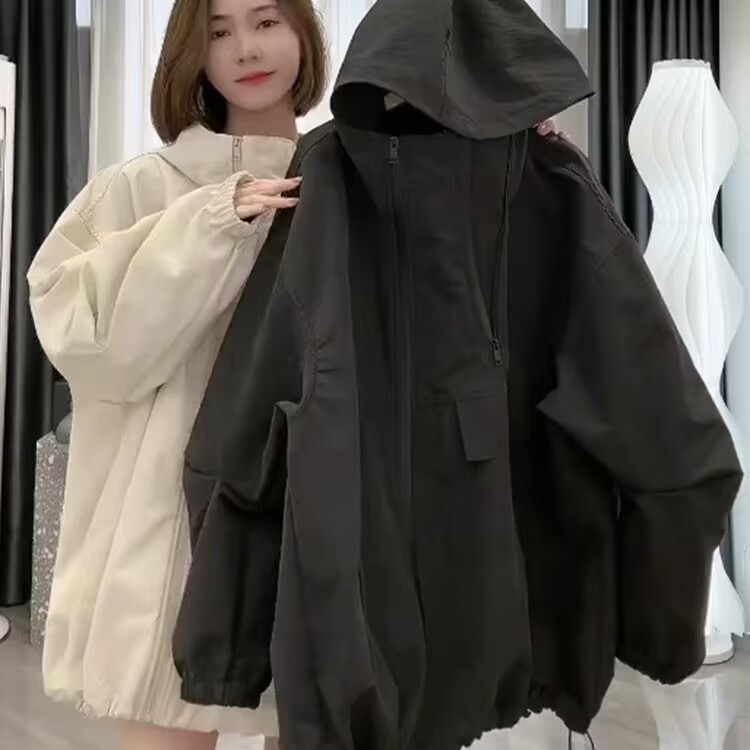 Double zipper hooded jacket waterproof 2025 new European casual loose versatile design niche storm jacket