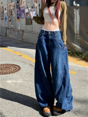 2025 summer Korean new street loose style Japanese girl spliced ​​large pocket work scimitar jeans