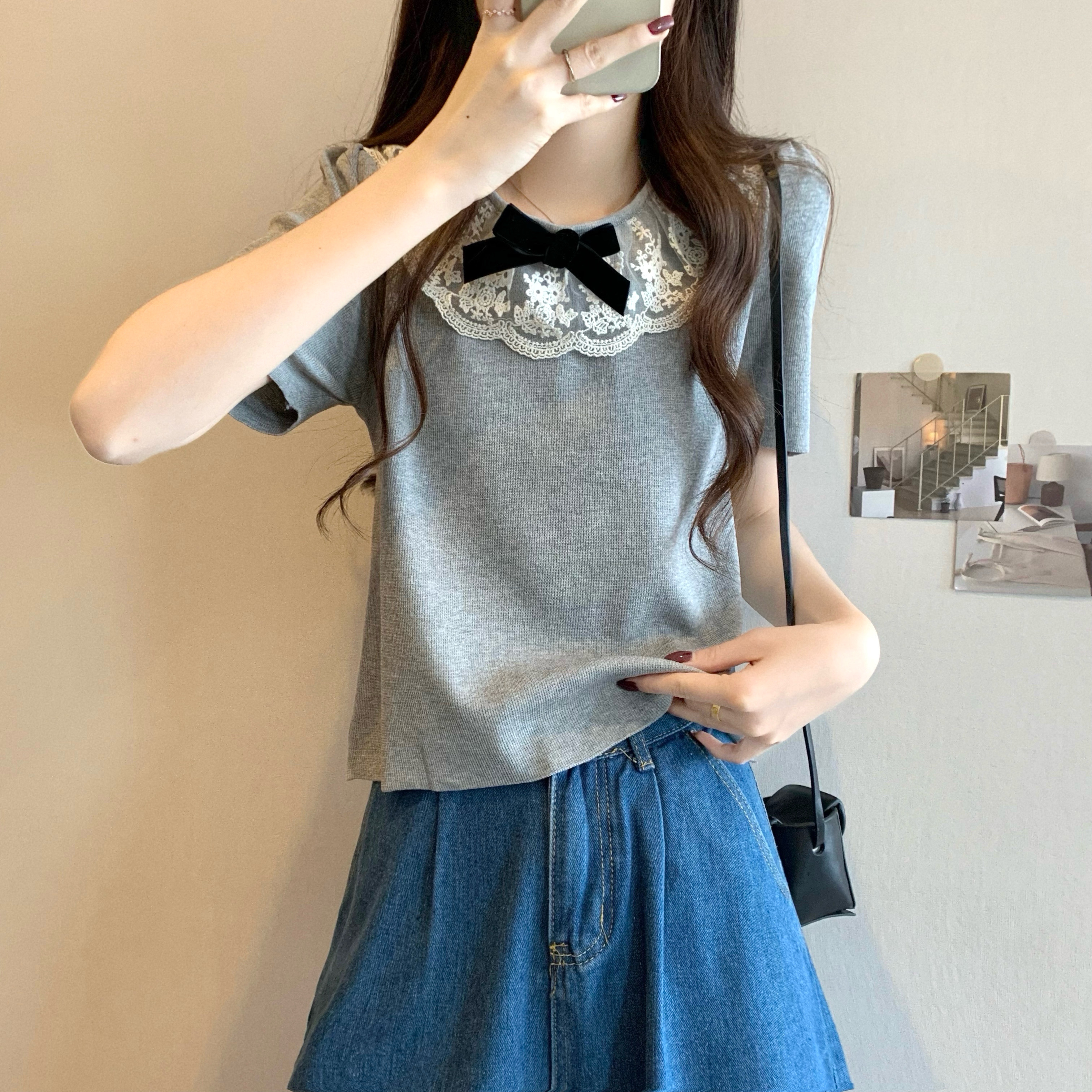 Real shot, new Korean style design French lace short-sleeved knitted sweater