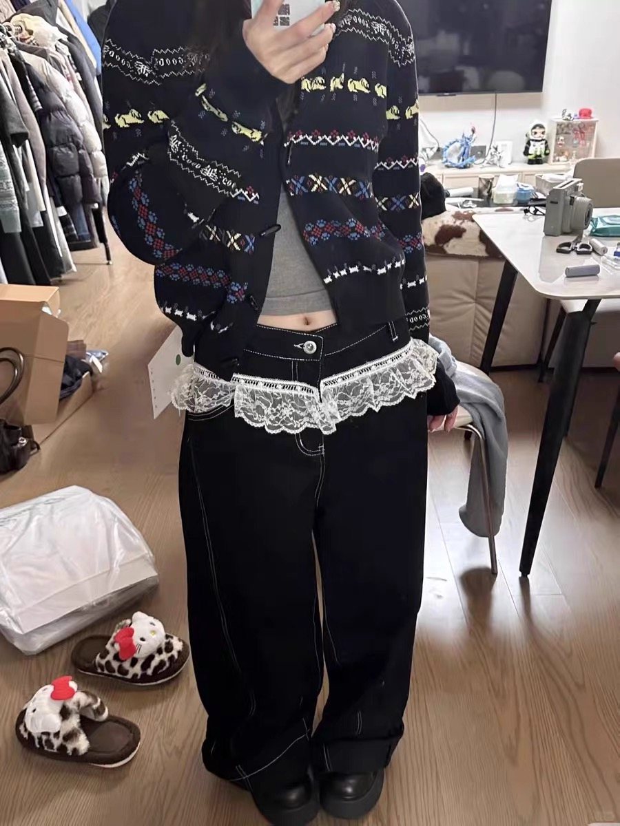 2025 new large size fat mm lace splicing design wide-leg jeans for women casual high-waist loose floor trousers