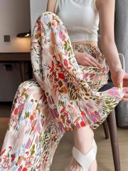 夏季薄款女褲新款2025別致設計感小眾休閒花色甜酷冰絲闊腿褲子女