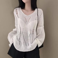 Korean version mesh hole-hole cover-up for women in 2025 Spring/Summer, lazy style loose plus size long-sleeved knitted top