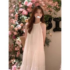 法式初戀無袖掛脖連衣裙女夏高級感寬鬆氣質絕美奶fufu溫柔風長裙