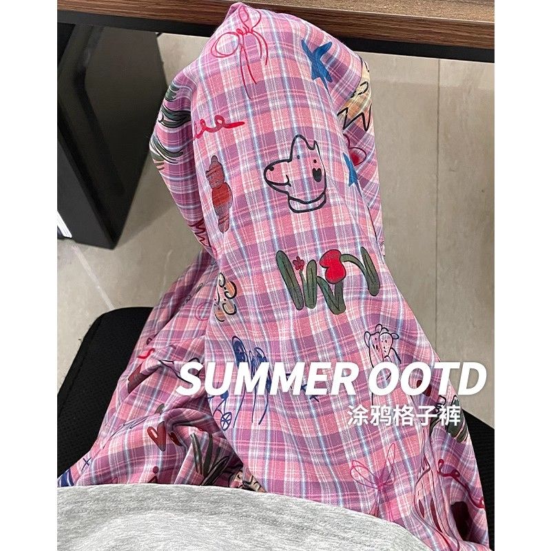 美式塗鴉格子褲子女夏季高腰寬鬆直筒印花休閒拖地闊腿褲