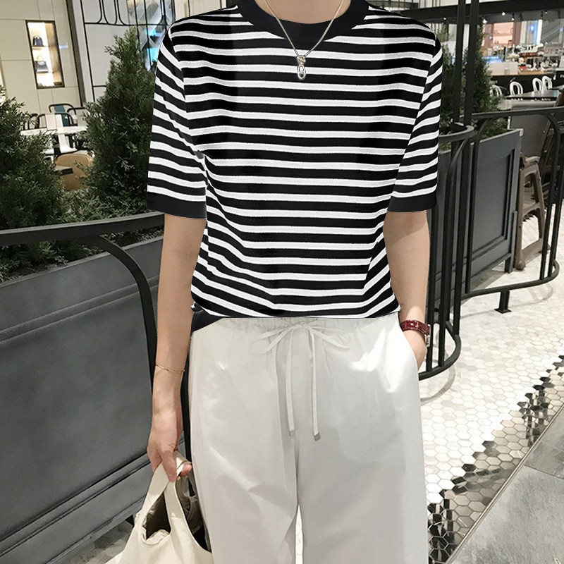 官圖 2025春夏經典百搭黑白條紋冰絲針織衫女寬鬆薄款短袖條紋T恤