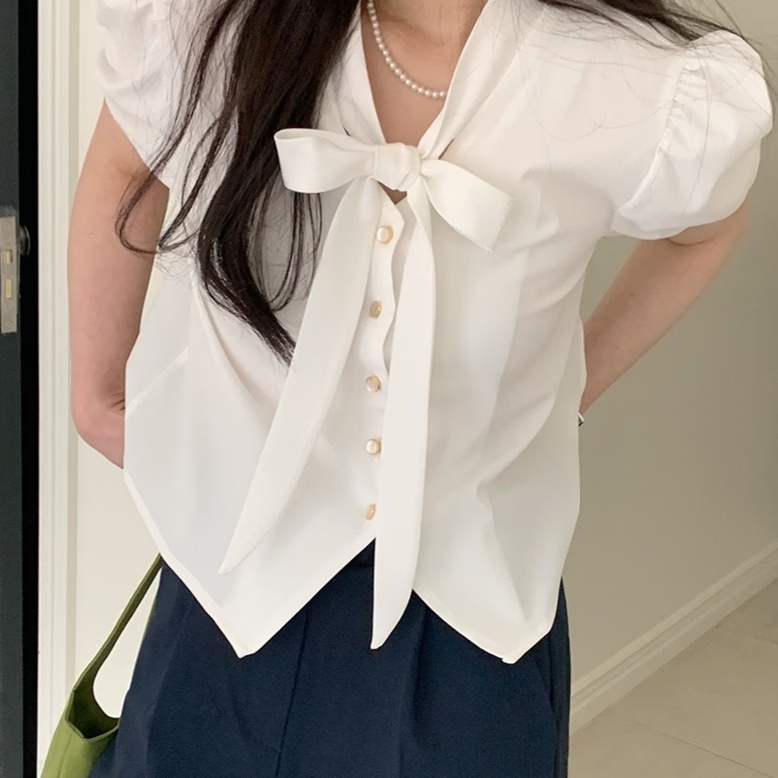 韓國chic 韓系簡約清新 甜美蝴蝶結系帶 單排扣 泡泡袖純色襯衫