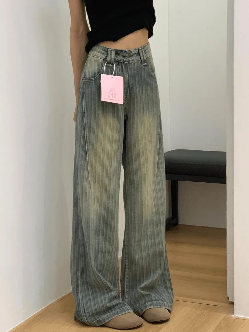 2025 summer retro design sense gradient striped wide-leg jeans for women with high waist straight-leg washing slimming floor pants