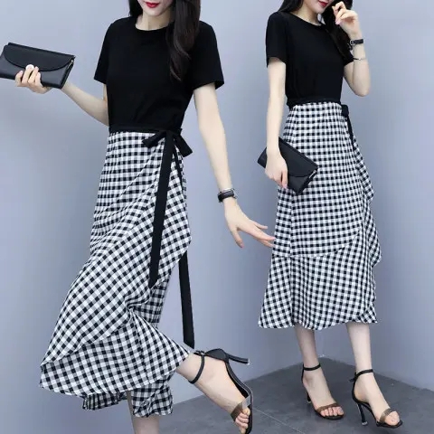 Fashion suit dress 2025 new plaid skirt temperament two-piece set women's waist-hugging slimming suit skirt