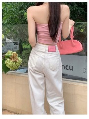 High waist narrow version wide-leg white jeans for women in 2025 summer new slim and versatile straight-leg mopping pants trendy