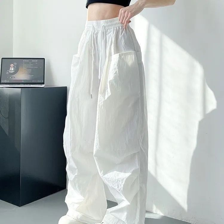 American retro summer thin white paratrooper pants for women's high waist summer loose drawstring sports and casual work pants