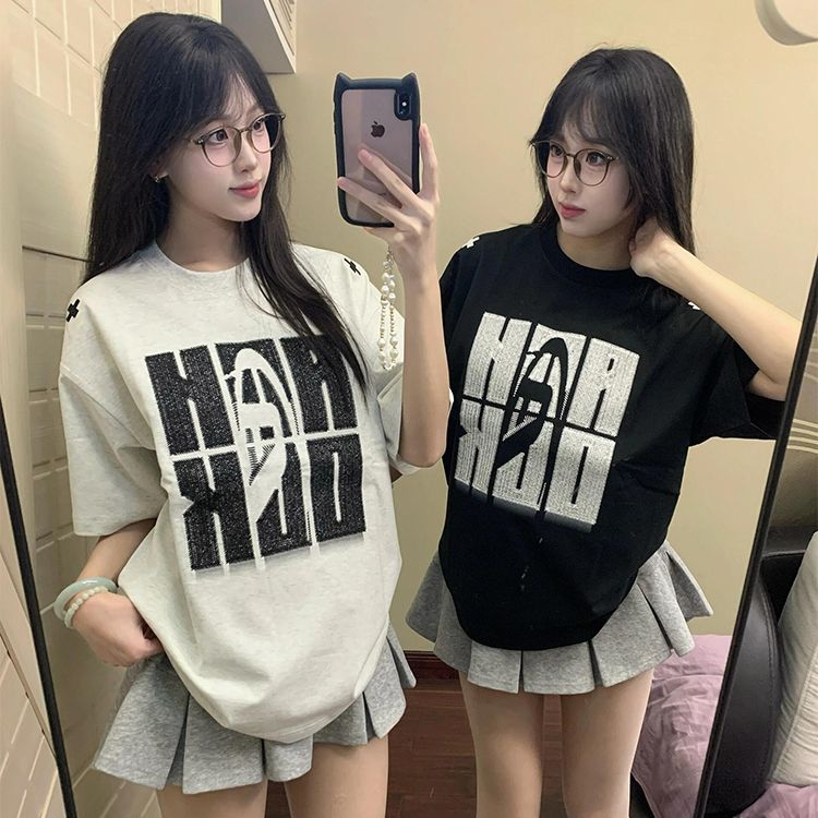 純棉 韓國chic夏季新款韓版寬鬆顯瘦字母刺繡短袖t恤女百搭上衣潮