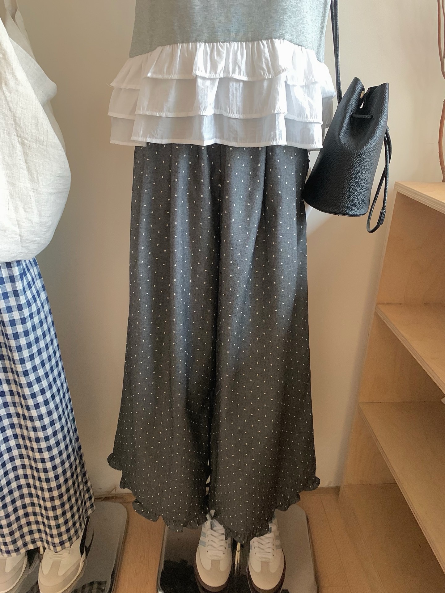 Real shot~ Korean black ear splicing dot casual pants 2025 spring loose wide-leg fashionable polka dot straight pants