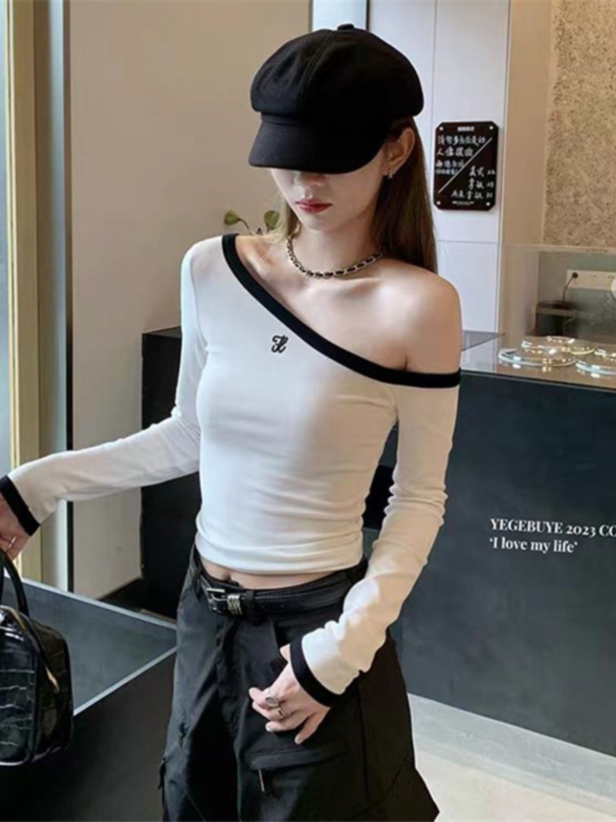 人棉260克純欲風辣妹一字肩斜領長袖T修身拼接打底衫性感露肩上衣
