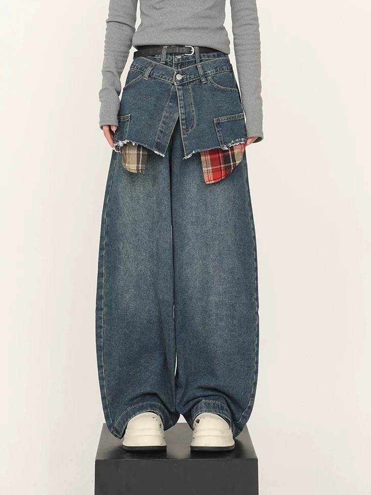 Korean American retro fake two-piece plaid jeans for women in summer new loose slim wide-leg scissor pants