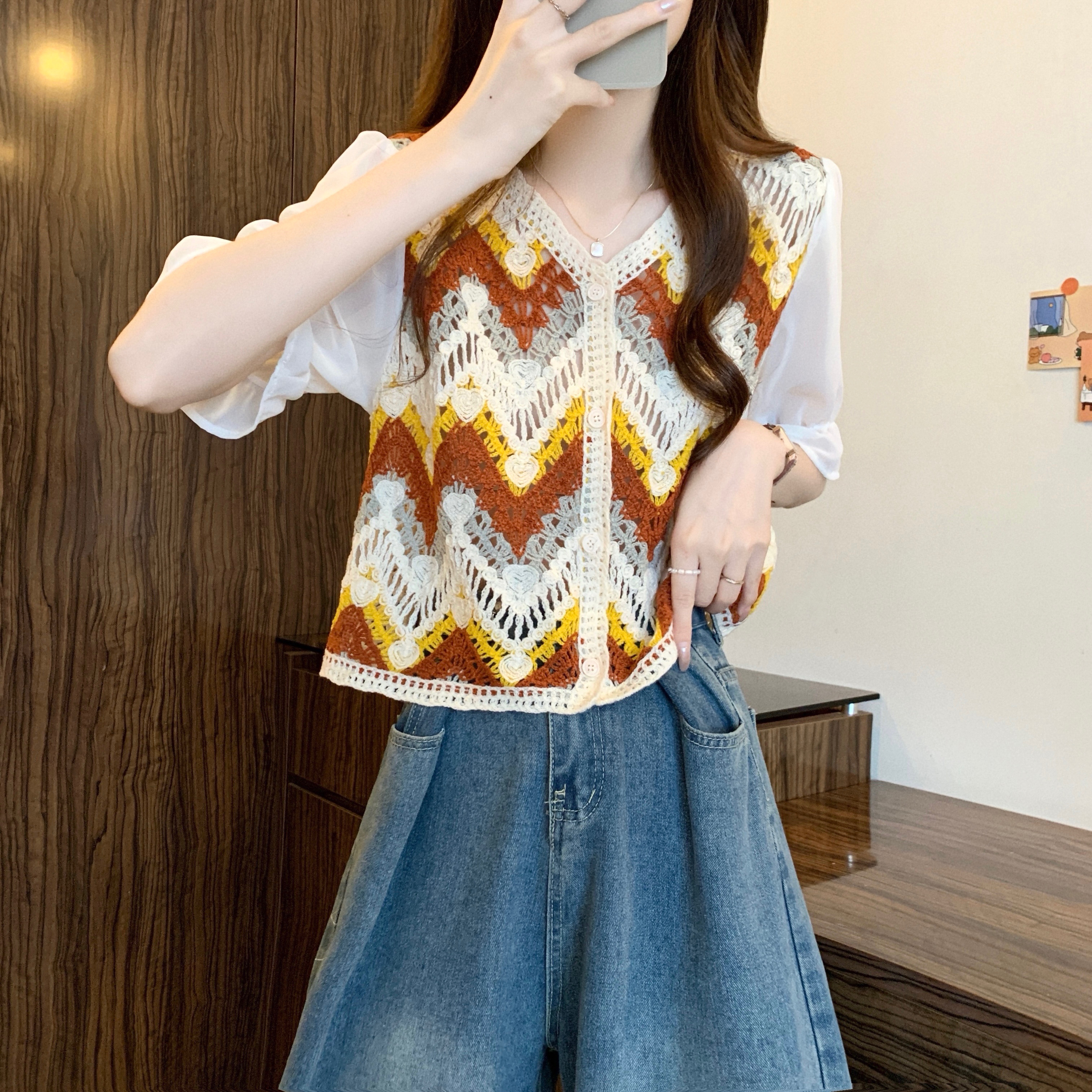 Real shot, new version of retro summer embroidery hollow color block design short-sleeved top