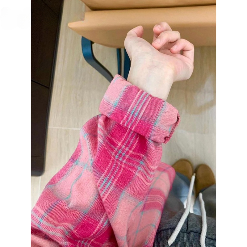 Korean American pink plaid shirt for women in spring 2025 new loose slim casual temperament shirt