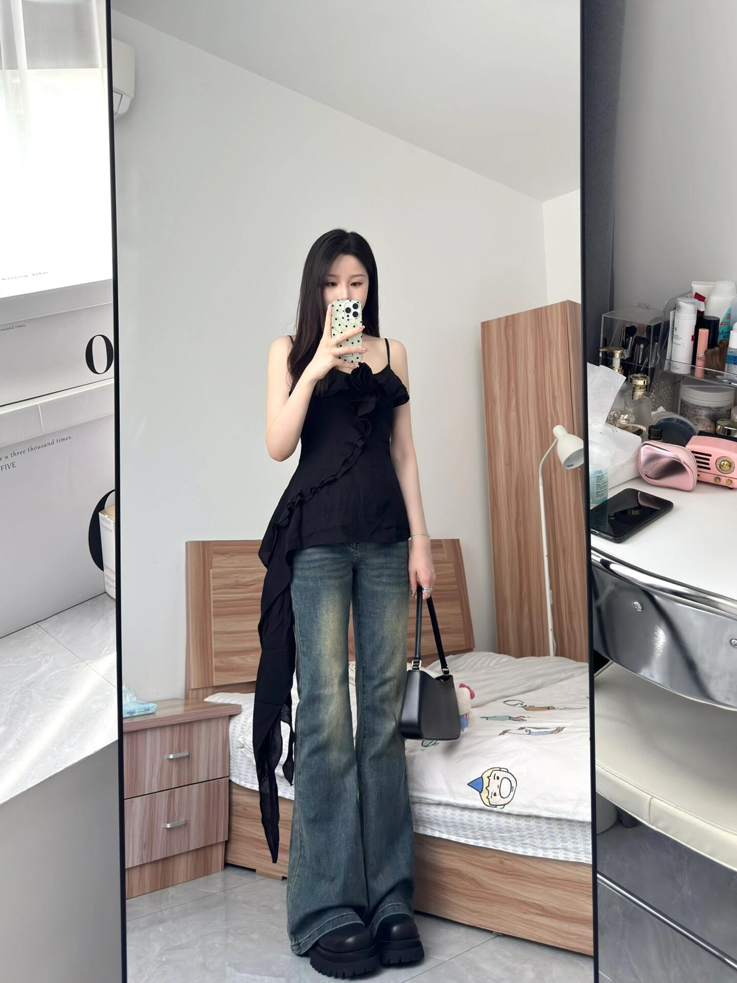 Korean American retro embroidered jeans for women in summer high waist slim elastic slim horseshoe flared trousers
