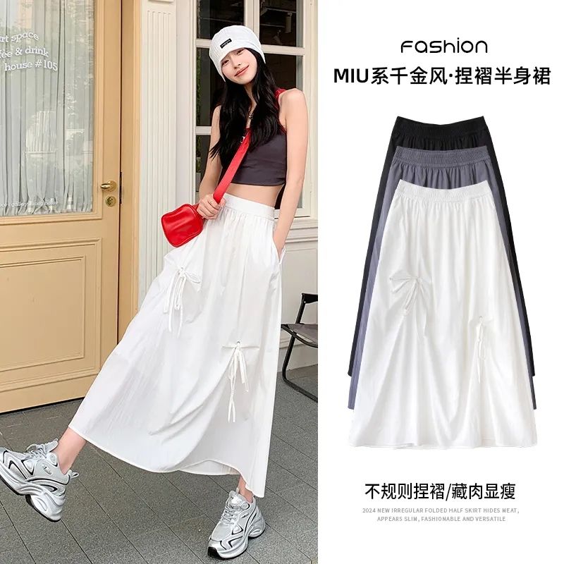 Stylish Button Bow Spring and Autumn Semi-Skirt 2025 New Sweet and Elegant Design Semi-Skirt Noble Lady Style Dress with Elastic Waist