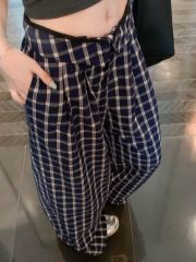 Blue plaid casual pants for women in summer lazy style high waist wide-leg straight pants walk pants floor-moving trousers