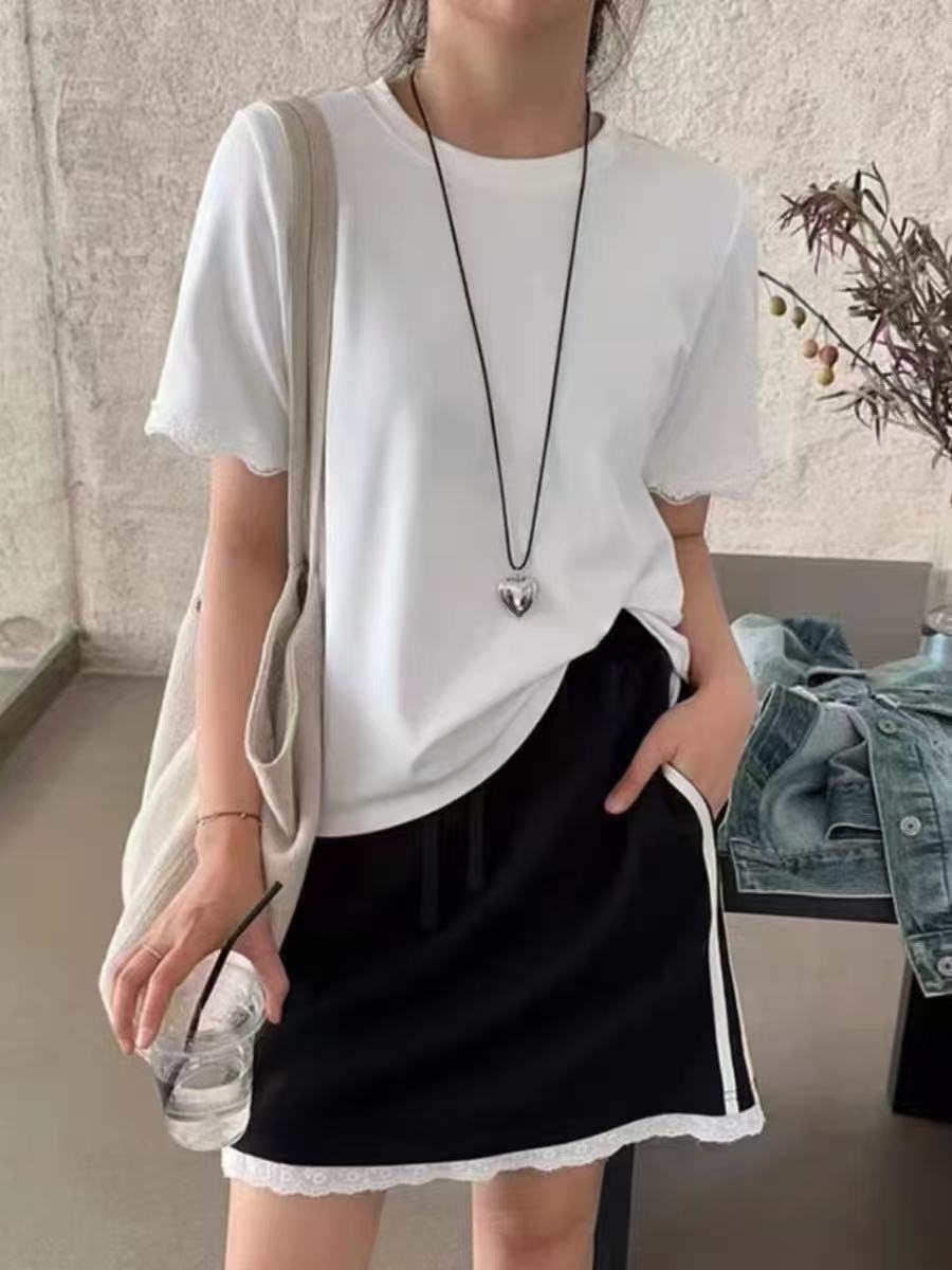 Beyourself2025 new design lace lace splicing short-sleeved T-shirt for women