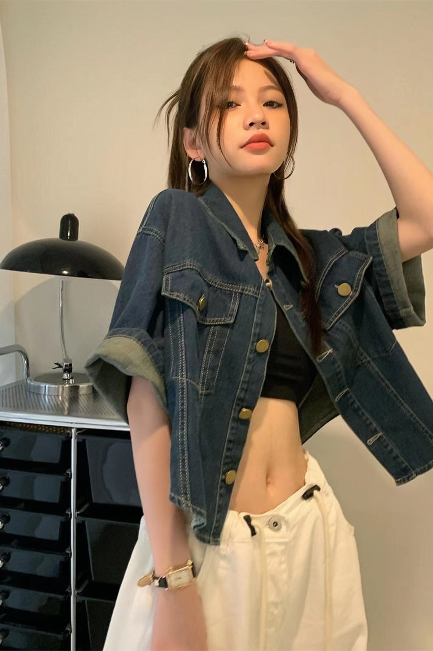 2025 summer new short-sleeved denim jacket shirt for women retro thin loose casual small short top