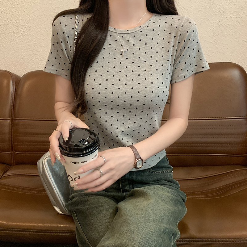 2025春夏新款miu系顯瘦百搭短袖T恤女休閒小波點百搭修身上衣潮