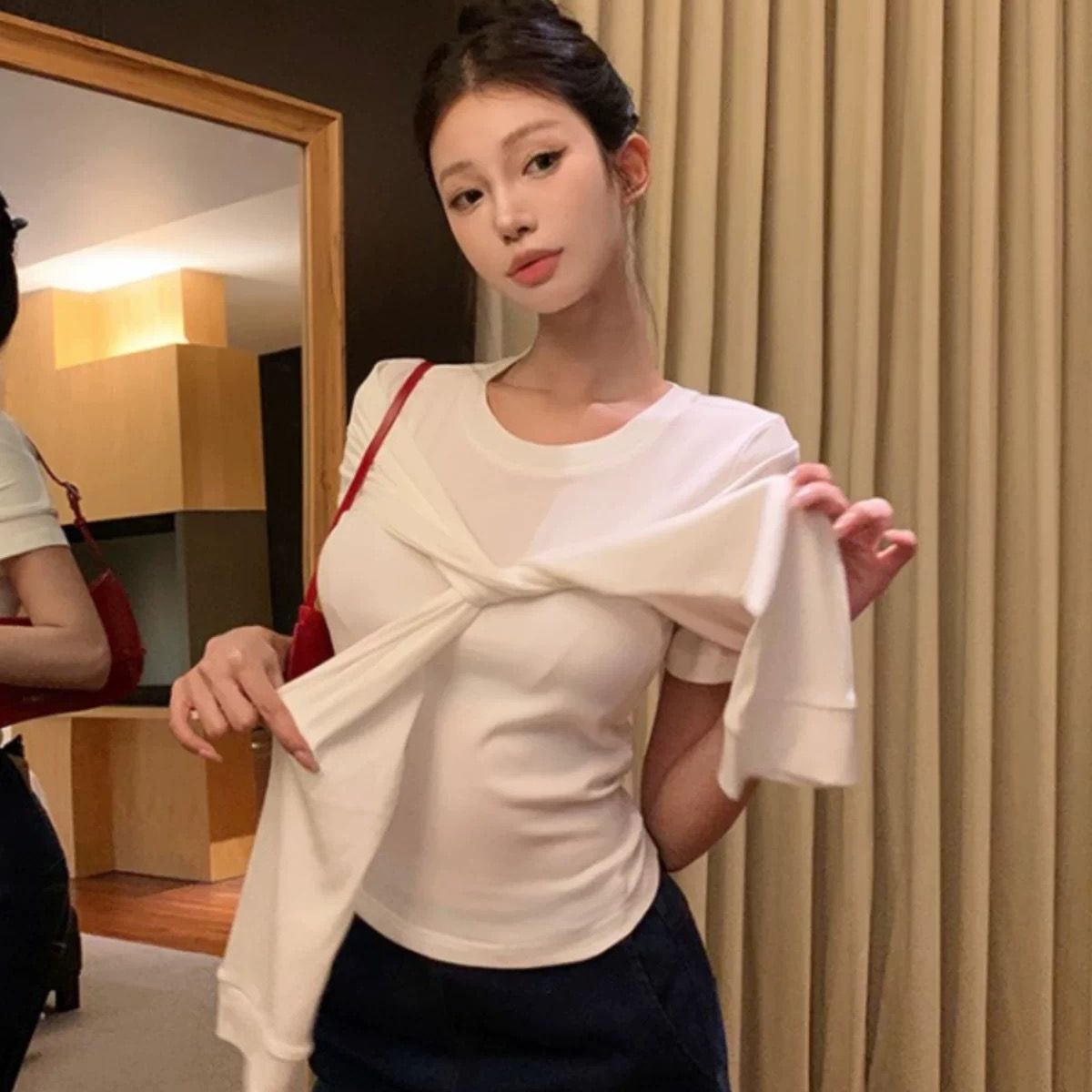 夏裝小眾假兩件顯瘦遮肉系帶設計感針織短袖t恤衫女緊身辣妹上衣
