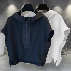 連帽短袖t恤男女夏季潮流帥氣純色拉鏈拼接無袖上衣ins休閒寬鬆