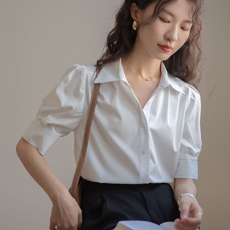 French temperament white puff sleeve shirt for women in summer new design niche commuter shirt short-sleeved top