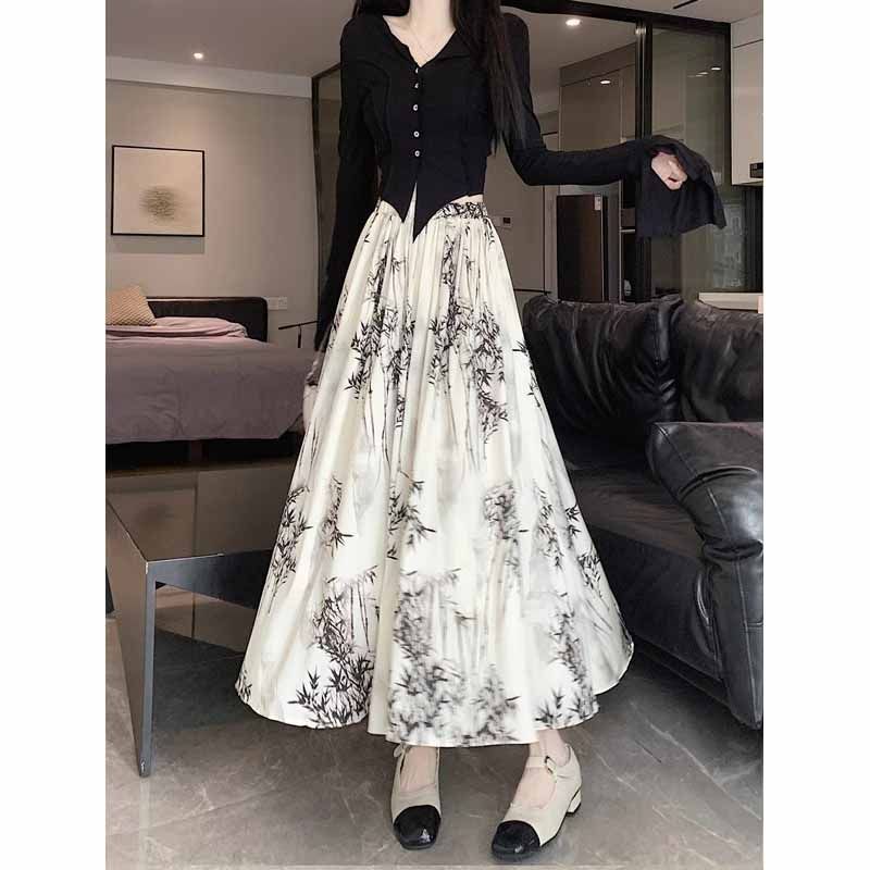 New Chinese style improved cheongsam skirt for women in spring and summer irregular ink painting Chinese style large umbrella skirt A-line mid-length skirt