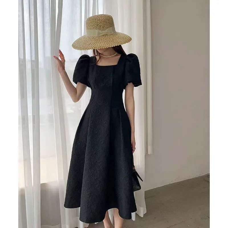 French first love white long skirt 2025 summer new square collar slim temperament jacquard collar dress for women