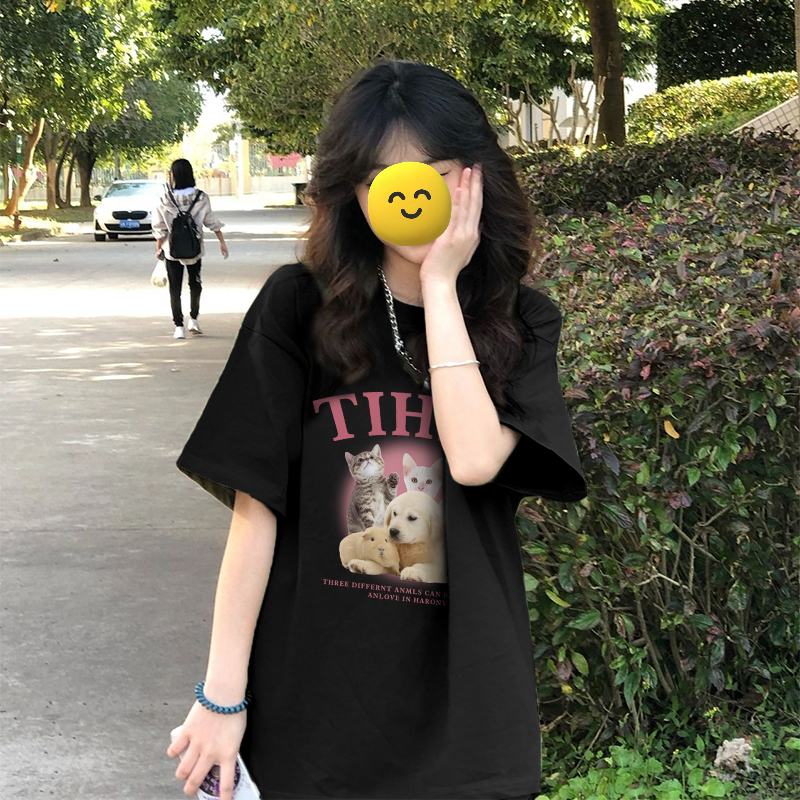 原版足碼外貿韓版新款夏季短袖T恤女韓版寬鬆慵懶原宿上衣chic港