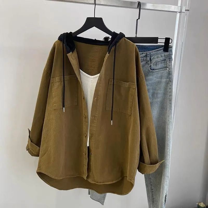 Fat MM new loose large size retro casual hooded shirt for women in spring and autumn mid-length versatile jacket ins trendy
